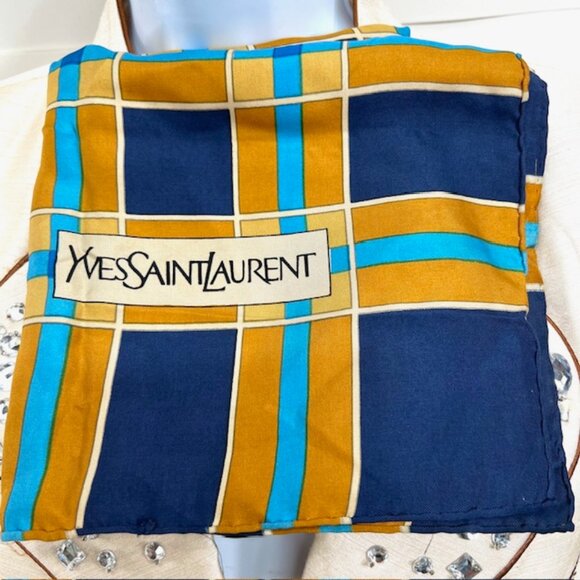 Vintage Yves Saint Laurent Scarf100% silk satin  31"Blue Rusty White Check (26) - Picture 2 of 11